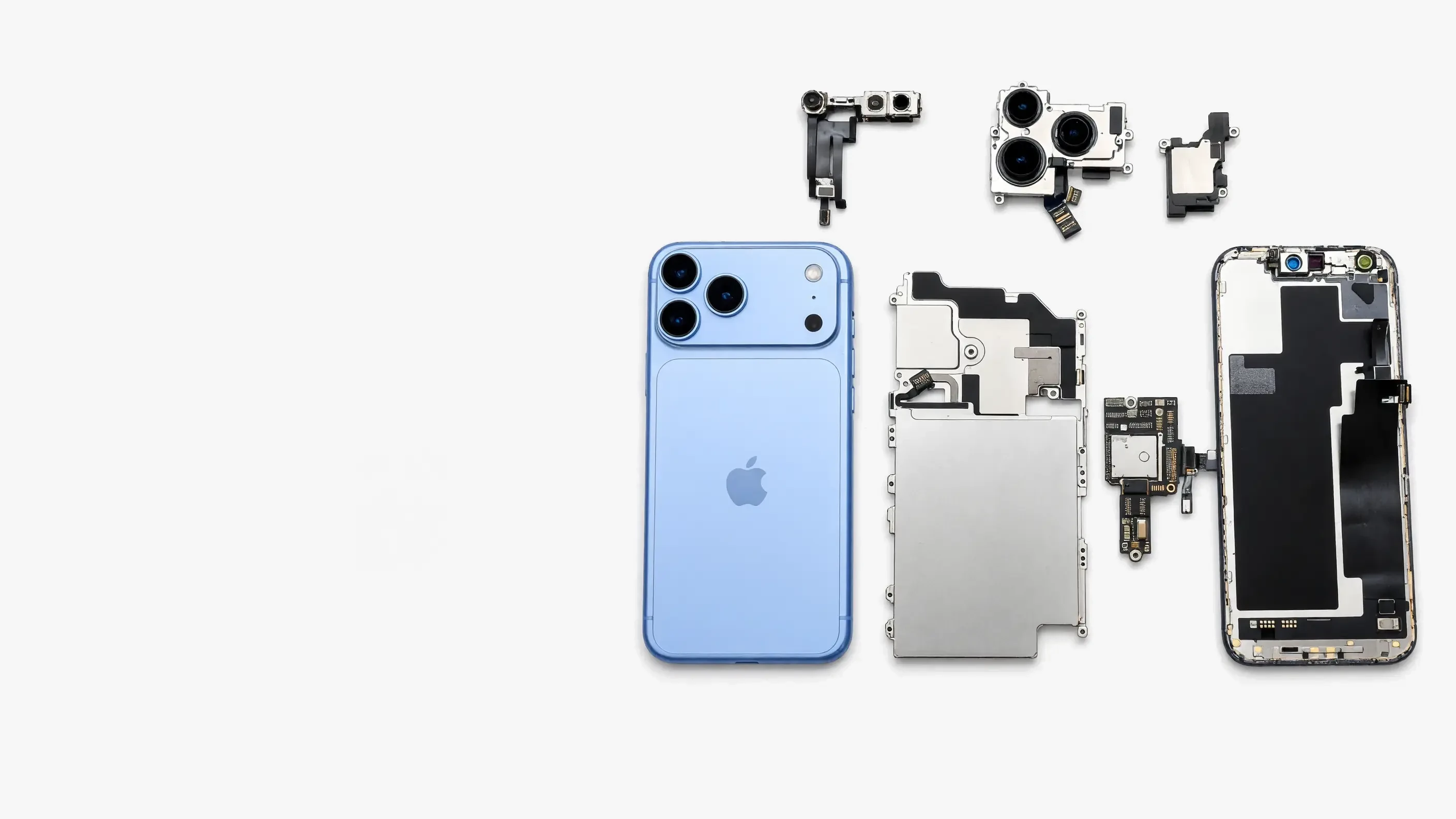 iPhone 18 Pro azul desarmado junto a sus componentes: placa lógica, cámaras y pantalla